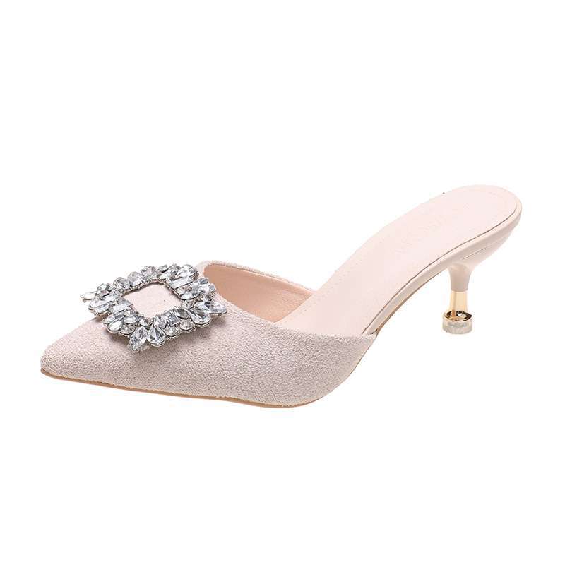 Size 35-43, large size French rhinestone bag head half slippers women's 41 thin heel lazy cool slippers high heel muller shoes 42
