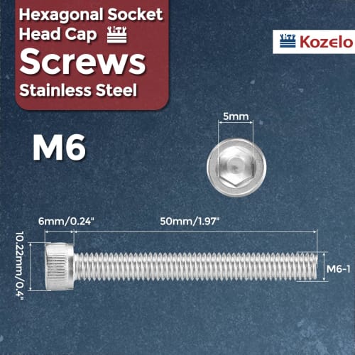 Kozelo 10pcs M6 Hex Socket Bolts, 304 Stainless Steel, 1 X 50mm, Fully Threaded Cap Screws, Allen Socket Drive, Hex Screws for Machinery, Equipment Re