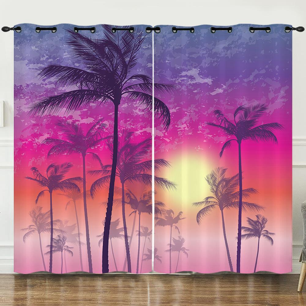 Curtain Summer Coconut Tree Sunset Landscape 3D Digital Printing Blackout Curtain Punching