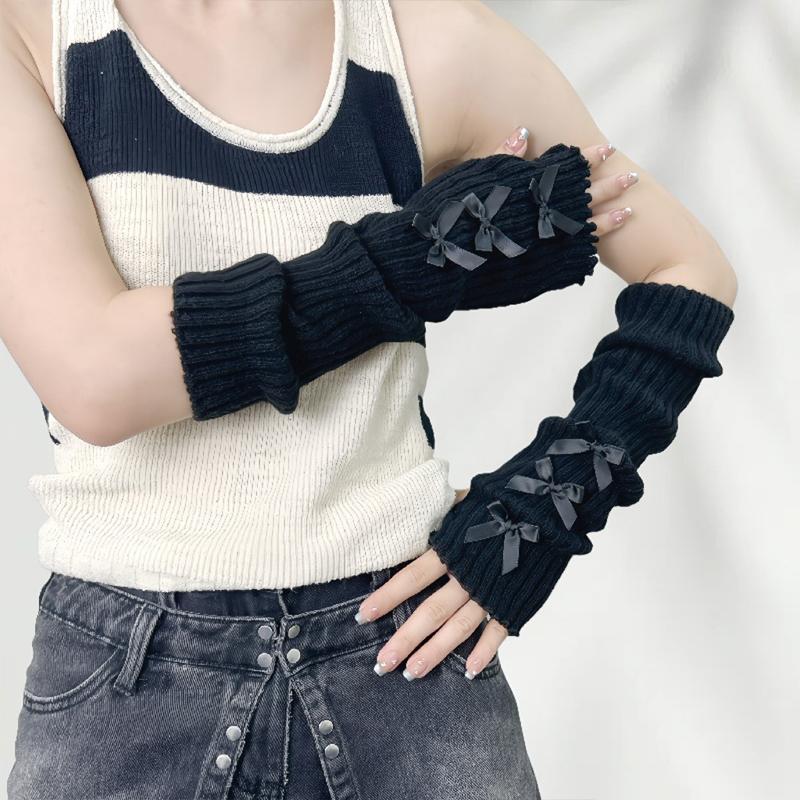 Women'S Bow-Knot Hand Sleeve Half-Finger Gloves Knitted Wool Ribbon Sleeves Fashionable Ballet Style Arm Sleeves