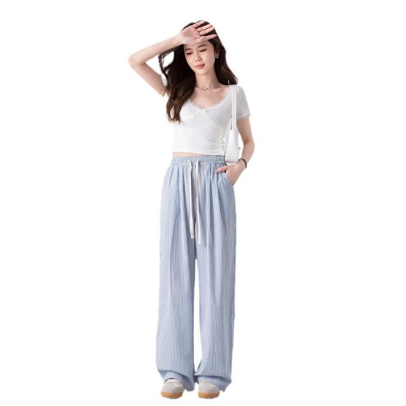 Wide Leg Pants High Waist Blue Striped Summer New Drawstring Mopping Casual Versatile Sports Trousers