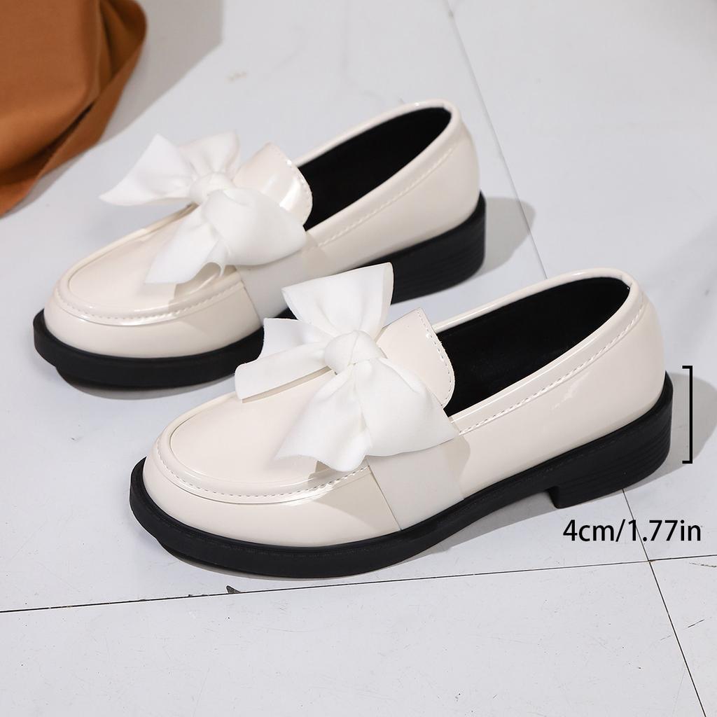 Women's Patent Leather Bow Loafers Round Toe Low Block Heel Slip-On Casual Oxford Shoes