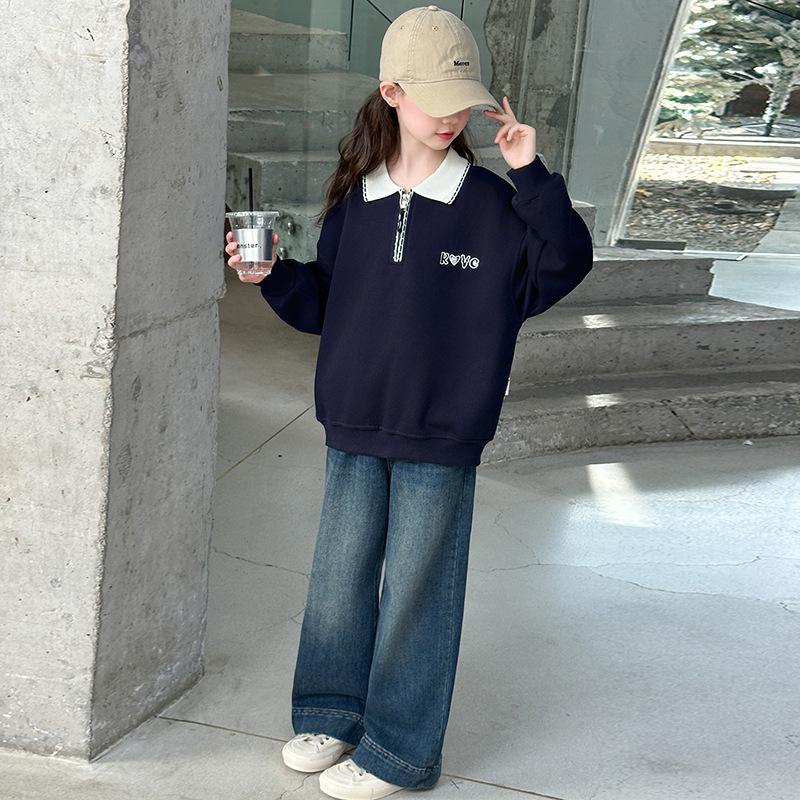 Autumn 2025 Girls' Sporty Polo and Jeans Two-Piece Set