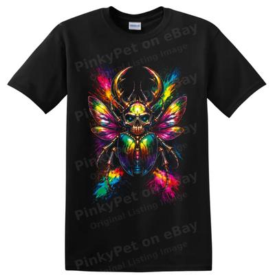 Psychedelic Skull Scarab Beetle T Shirt W/ Neon Paint Splatter Gothic Art Tee