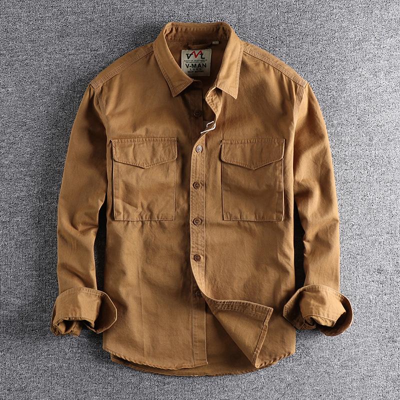 Camicia da lavoro retrò autunnale da uomo con taschino giacca ampia di tendenza