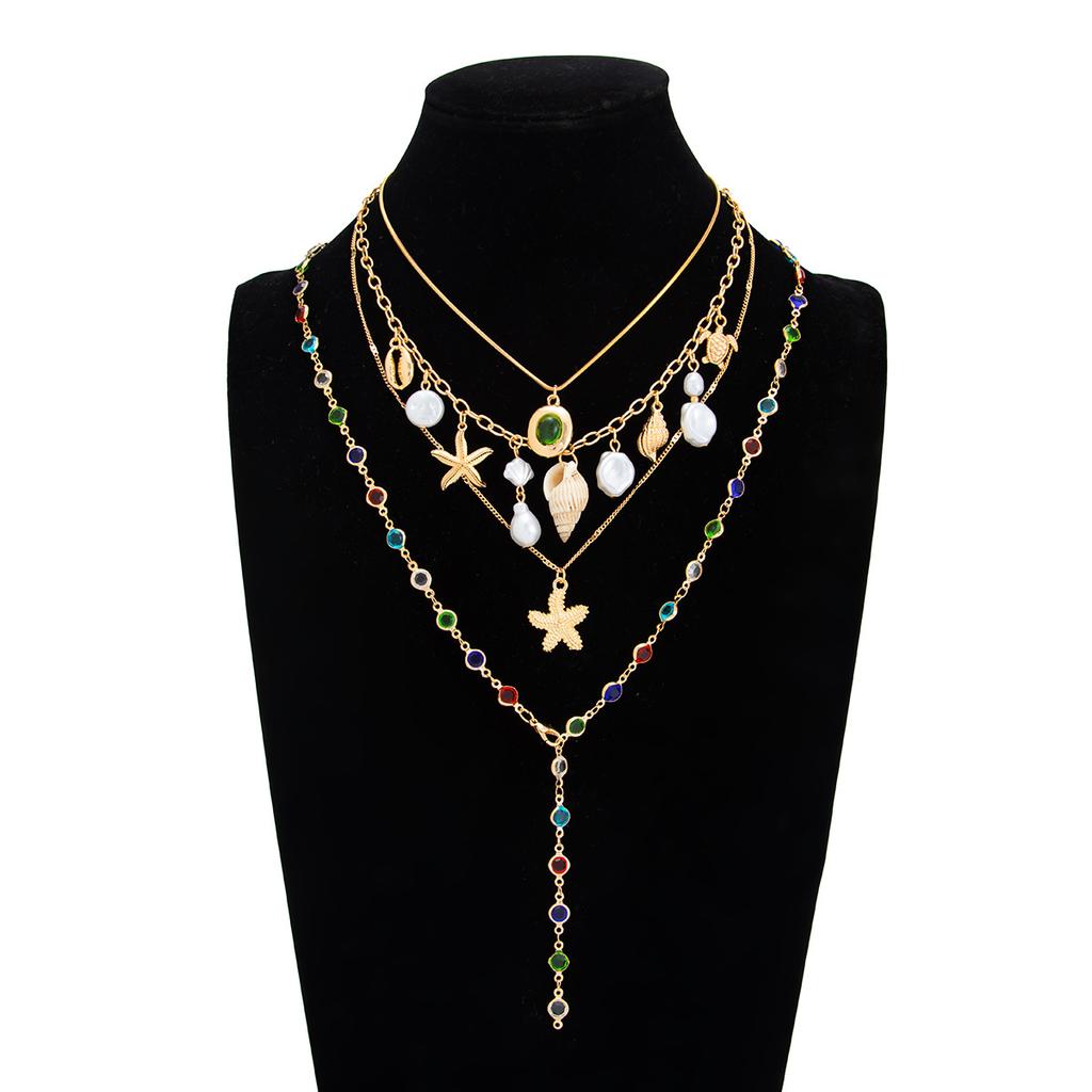 Boho Conch Starfish Baroque Imitation Pearl Colorful Crystal Y-shaped Necklace for Women Multilayer Star Choker Beach Jewelry Accessory