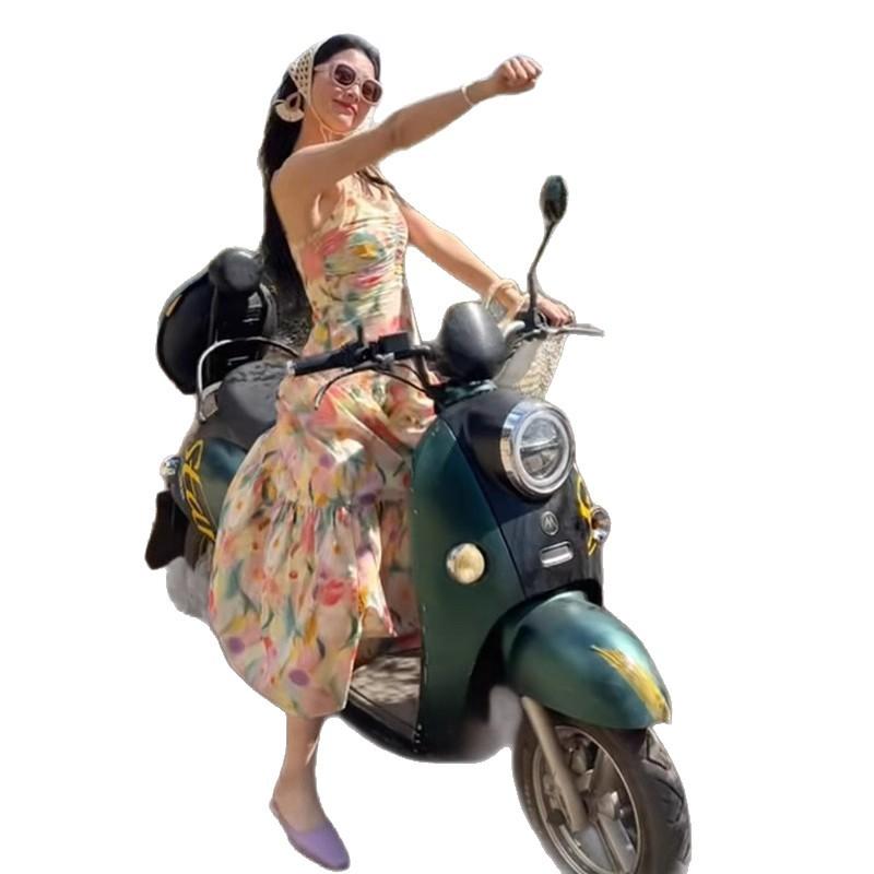 Coffee break French oil painting floral suspender dress women's summer new seaside vacation beach dress