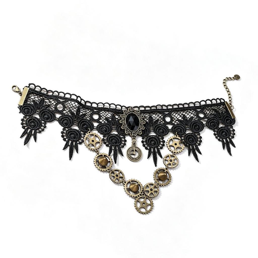 Retro Gothic Black Lace Choker Necklace with Steampunk Gear Design for Women