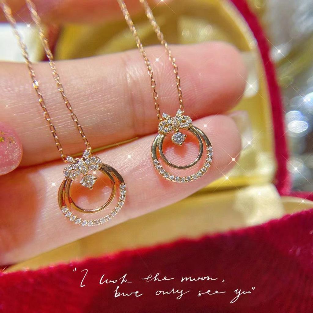 Women's Circle Necklace Gold Diamond Clavicle Chain Korean Simple Temperament Bow Pendant