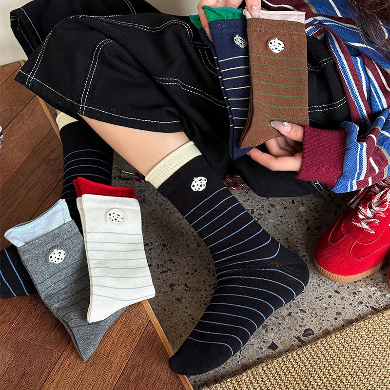 Color-blocking Socks, Women's Mid-calf Socks, Rolled-up Double Cuffs, Cartoon Embroidery, Boneless Pure Cotton Pile Socks