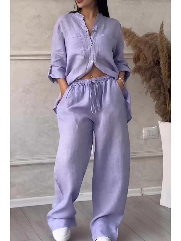 GD2024 European-American Casual Cotton Linen Shirt & Drawstring Wide-Leg Pants Set