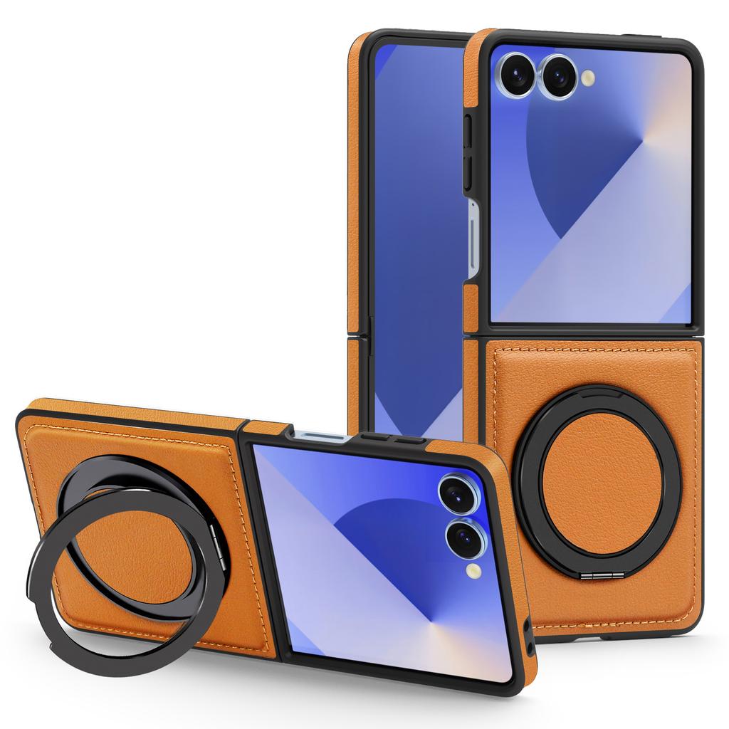 For Samsung Galaxy Z Flip7 5G Case with Ring Kickstand Compatible with MagSafe PU Leather Back Cover
