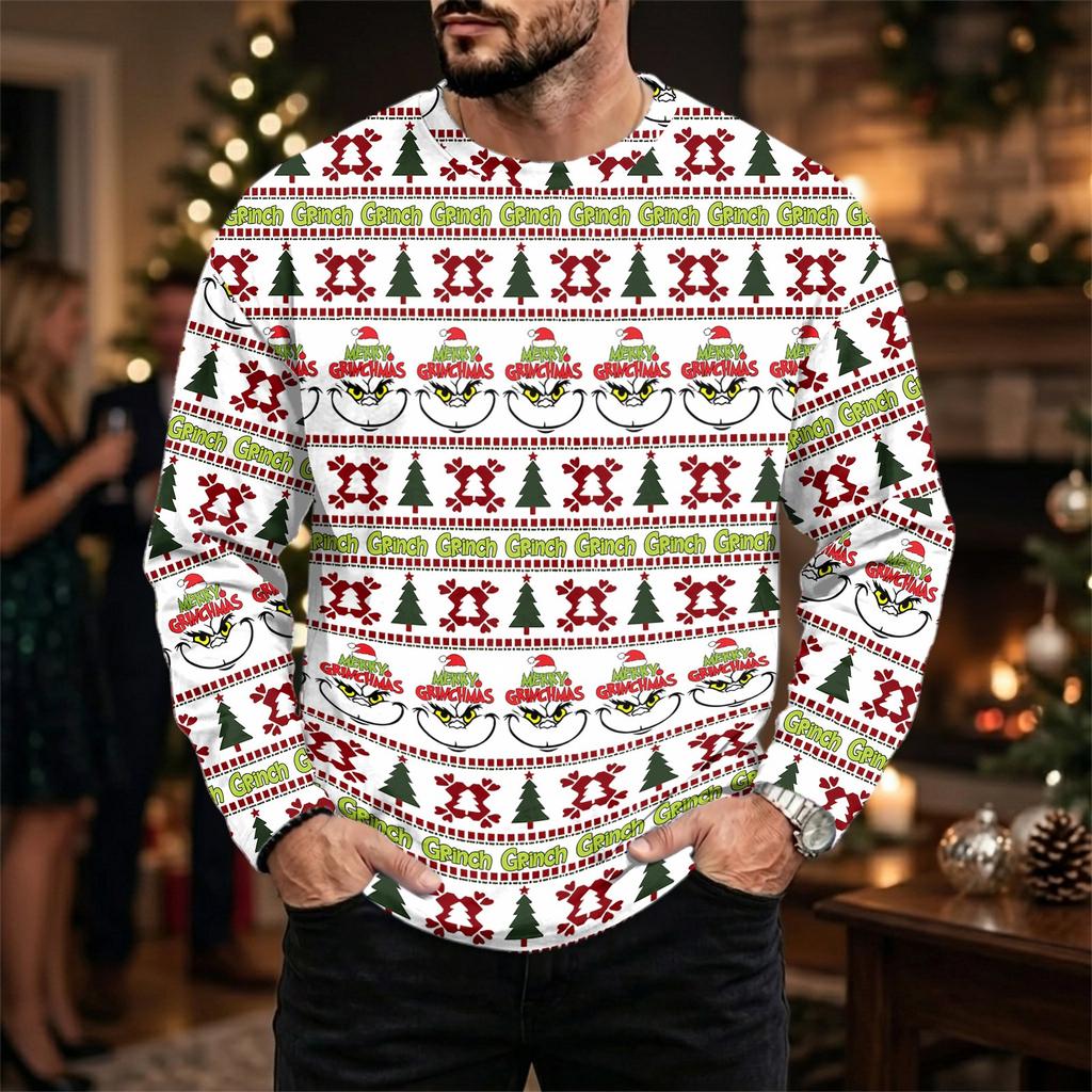 Tricou Casual Bărbați cu Mânecă Lungă, Croială Largă, Gât Rotund, cu Imprimeu de Crăciun pentru Toamnă Iarnă
