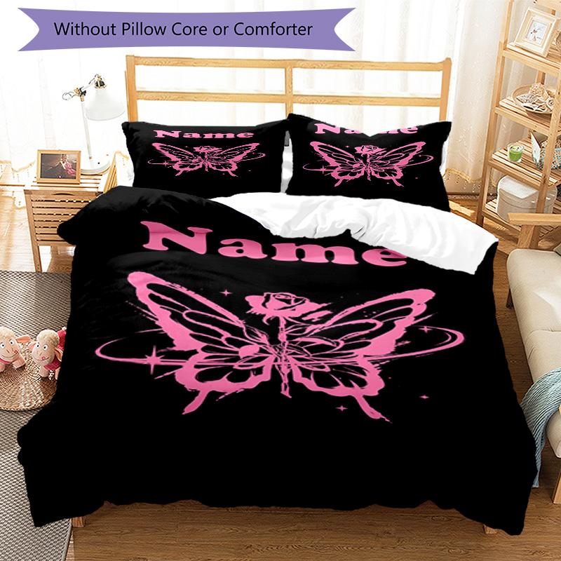 3pcs Custom Name Butterfly Bedding Set Duvet Cover Closure Includes 1 Duvet Cover & 2 Pillowcases, Soft and Comfortable for All Seasons.