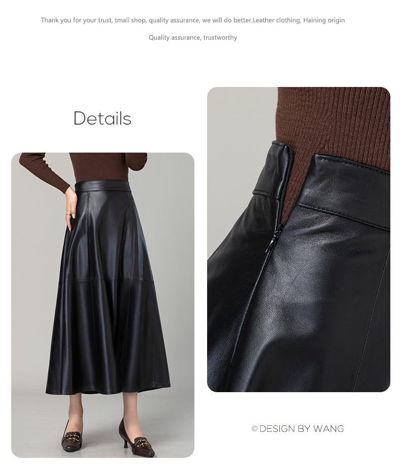 Genuine Leather A-Line High Waist Skirt for Women - Spring/Autumn Sheepskin Umbrella Skirt