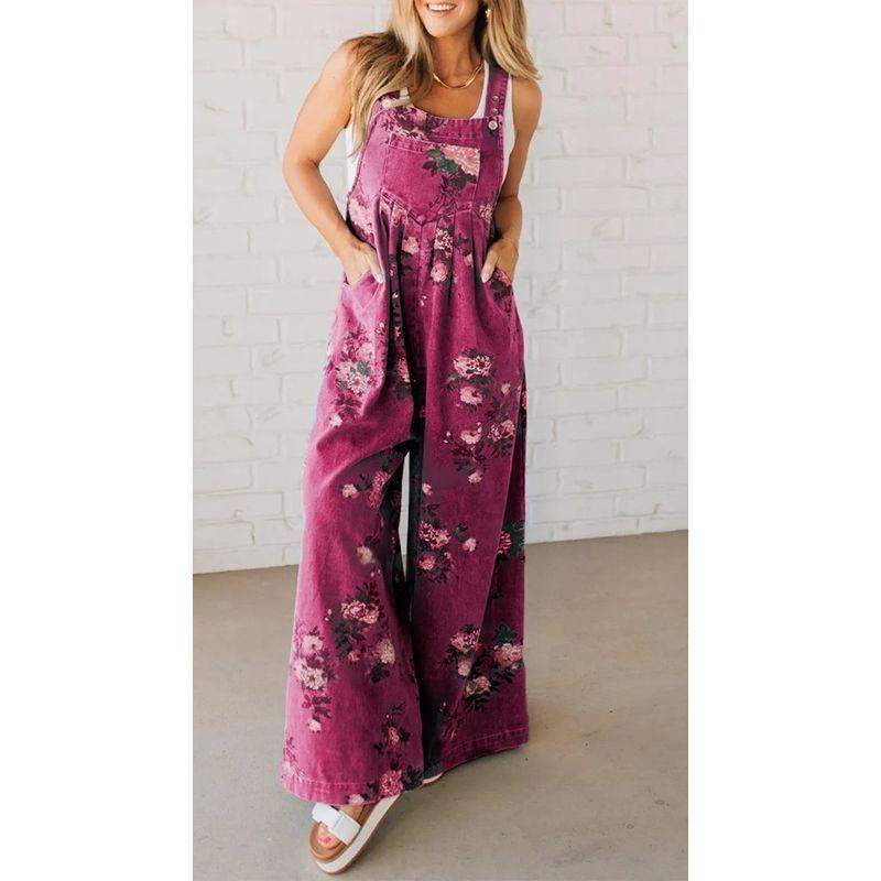 

Casual Jumpsuit2025 European and American Women clothes Popular Fashion Print Leisure Jumpsuit Sleeveless Overalls Red M