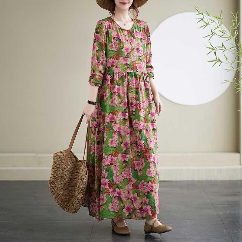 Vacation Style Round Neck Vintage Long Flesh Covering Dresses