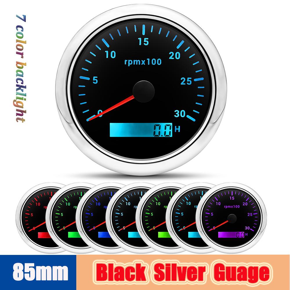 

85 мм цифровой тахометр 3000 об/мин универсальный 7 цветов подсветка тахометр счетчик моточасов водонепроницаемый для автомобиля лодки морского мотоцикла DC9-32V