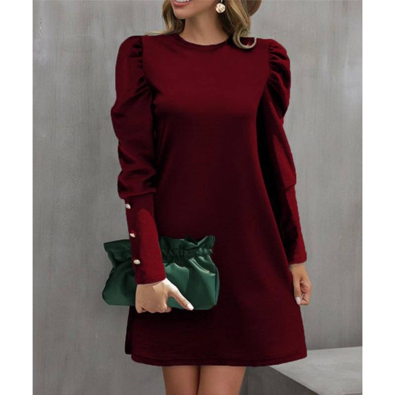 

European American Women s Dress Round Neck Bubble Sleeves Button Long-sleeved Shirt S вино красного