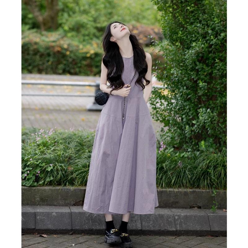 Purple Sleeveless Vest Dress Women's New Small Summer Wear Long Dress