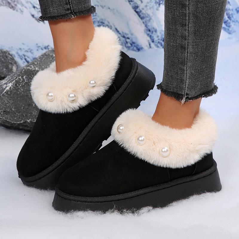 Fluffy Fur Platform Snow Boots Women Fashion Pearls Decor Non Slip Winter Ankle Boots Woman Thicken Plush Warm Cotton Shoes 43