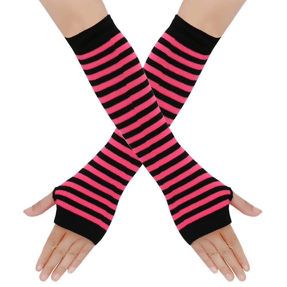 Damen-Langfingerhandschuhe mit Streifen und verlängerten Bündchen, Schwarz und Rosenrot