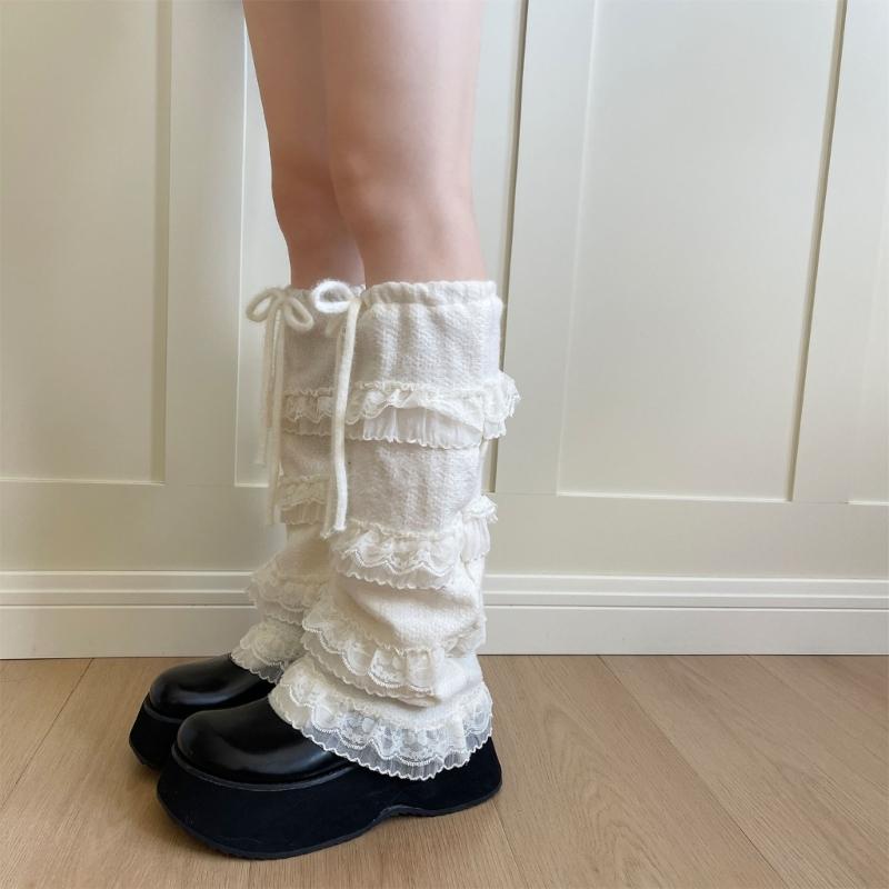 Elegant Ribbon Lace Leg Warmers Breathable Fabric Soft Yarn Stretchy Boot Cover For Homewear And Outfits