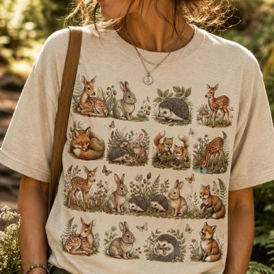 Forest Animal T-shirt, Vintage Woodland Graphic Tee, Fox Rabbit Deer Hedgehog Shirt, Nature Lover Tee, Soft Unisex Crewneck