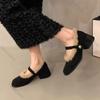 Elegant Chunky Heel Furry Pumps for Women Retro Square Head Plush Mary Jane Shoes Fashion Suede Middle Heeled Women Dress Shoes