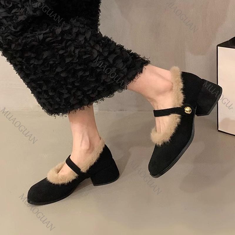 Elegant Chunky Heel Furry Pumps for Women Retro Square Head Plush Mary Jane Shoes Fashion Suede Middle Heeled Women Dress Shoes