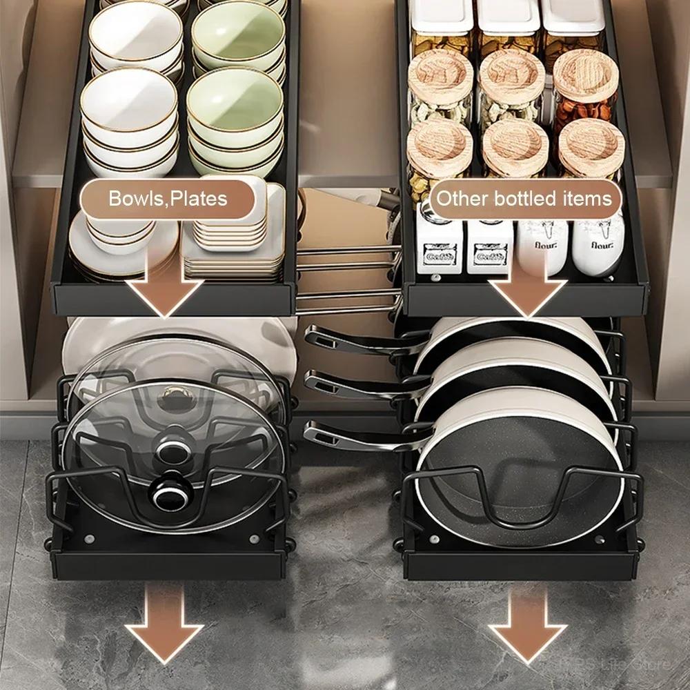 Kitchen Pull-Out Pot Rack Adjustable Cupboard Trays Dishes Partition Shelf with Slide Rails Organizer Tray Drawer Storage Racks