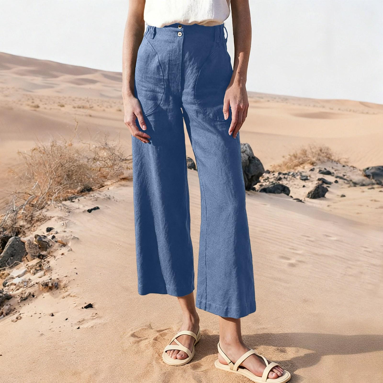 

Linen Pants For Women Drawstring Elastic Waist Pants Casual Loose Trousers With Pockets M