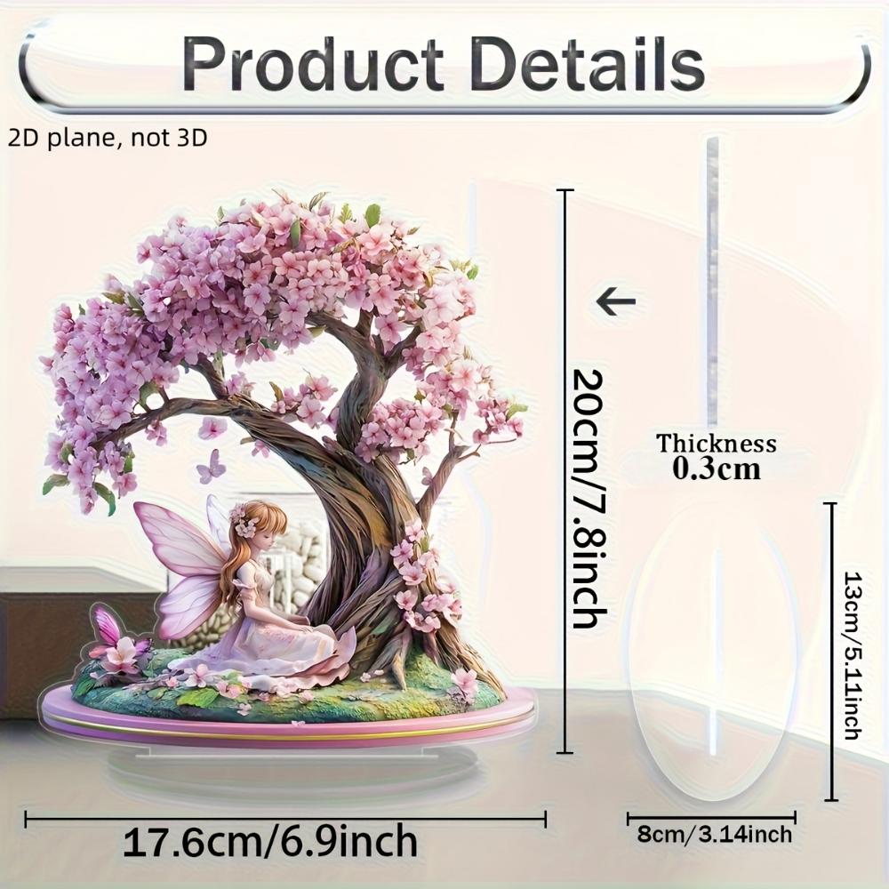 Elegantní růžová víla s kvetoucími třešňovými květy 2, plochý akryl, stolní dekorace, vhodné do obývacího pokoje, kanceláře, dárky, Vánoce, Halloween