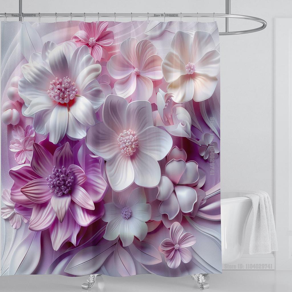 3D Red Floral Shower Curtain Set Pink Flower Design Fabric Bathroom Decor Waterproof Washable Shower Curtain Set with Hooks