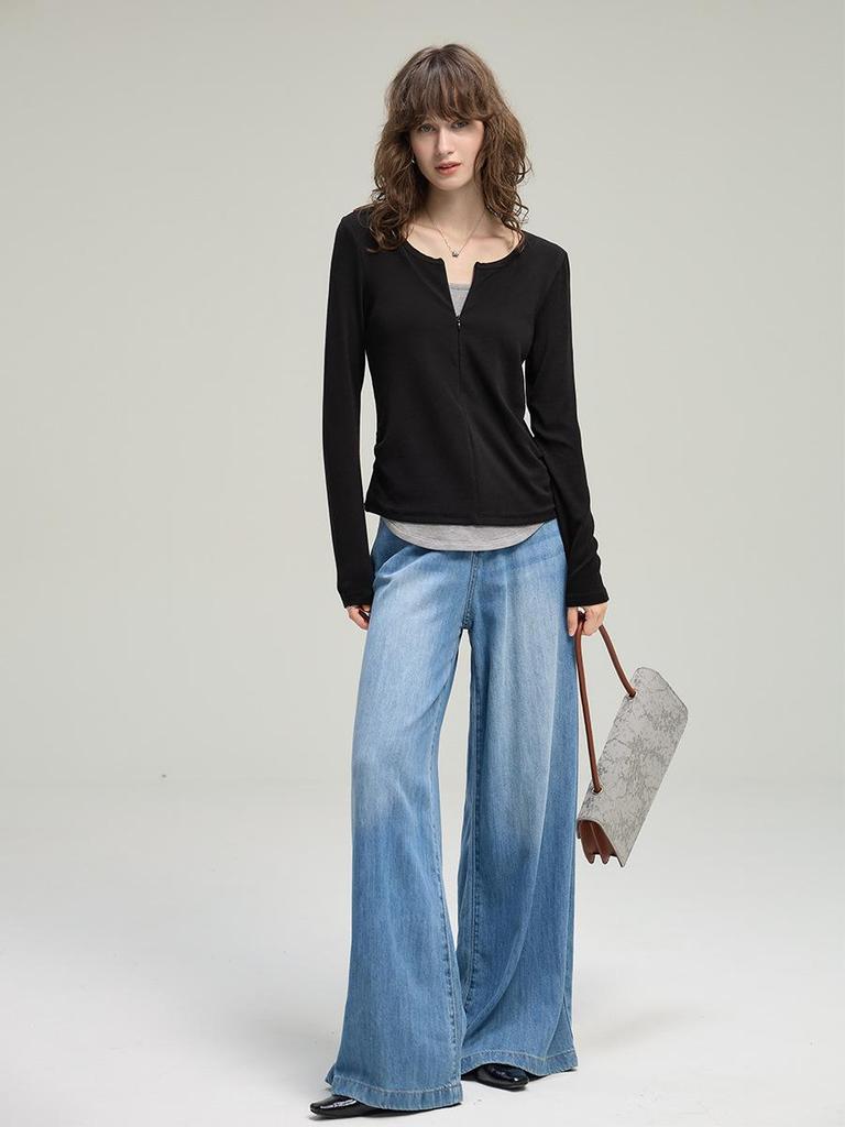 Women's Half-Zip Two-Piece Design Long-Sleeve T-Shirt – Autumn 2025 Collection, Soft & Slim Fit