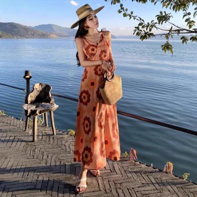 French Retro Orange V-neck Printed Suspender Dress for Women's Summer New Seaside Vacation Super Good-looking Temperament Dress