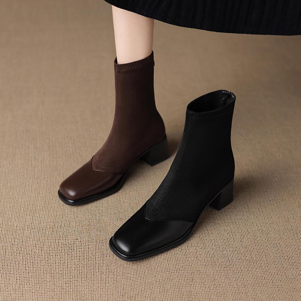 Krazing Pot Microfiber Flock Round Toe Med Heels Elastic Boots Size 43 Slip On Women Patch Work Ankle Boots