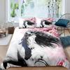 White Horse Pink Cherry Blossom King Full Bedding Set Watercolor Floral Duvet Cover Animal Quilt Cover Polyester Comforter Cover