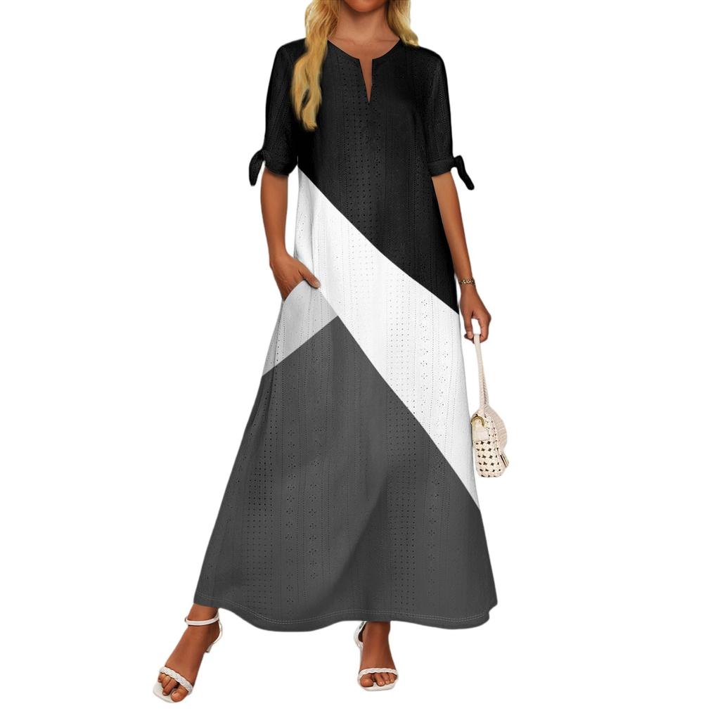 Ladies Casual Fashion Temperament Elegant Waist Patchwork Print Long Dress