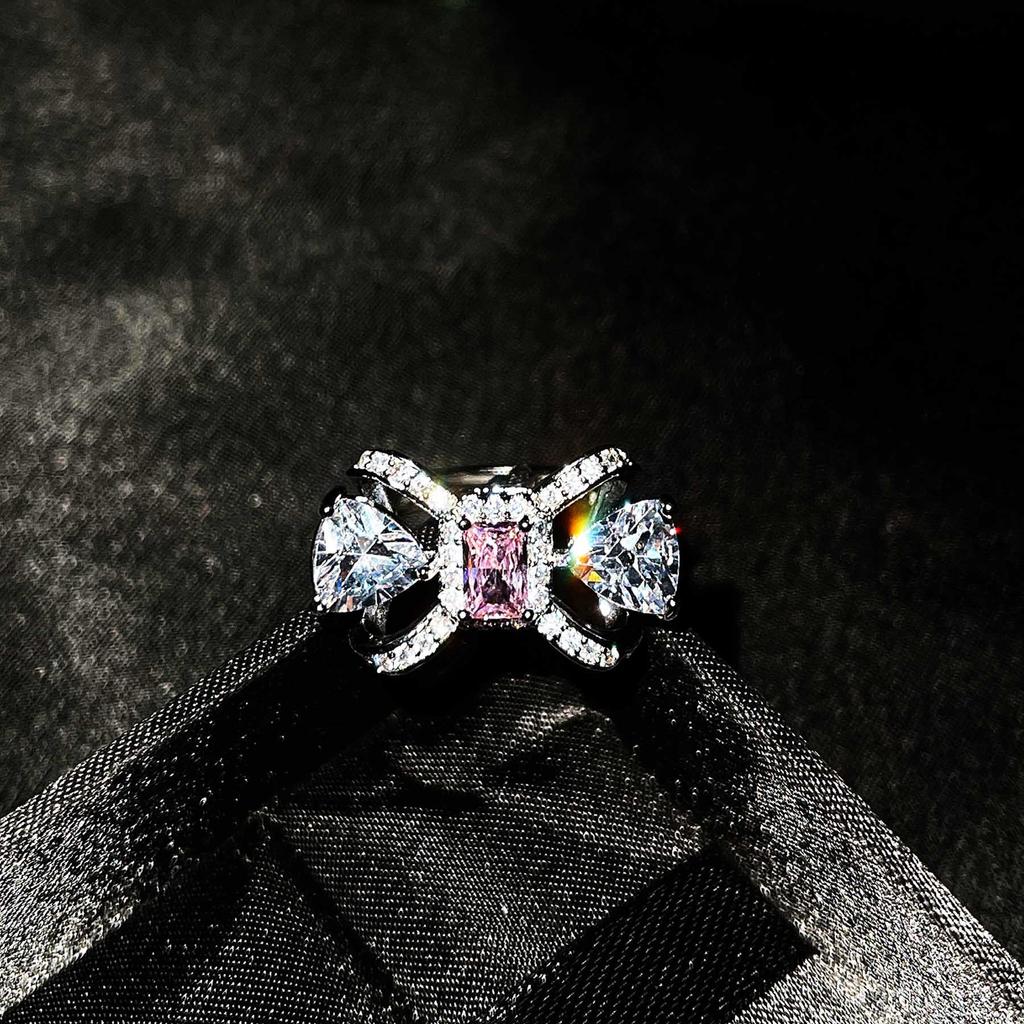 Light Luxury Cold Wind Summer Slightly Inlaid With Diamonds Bow Color Matching Earrings Temperament Collarbone Necklace Pink Diamond Ring