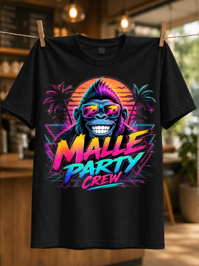 Malle Party Crew Starkes Gorilla-Gesicht Mit Sonnenuntergangs-Palmen Und Cocktail-Akzenten Retro Mallorca Party Unisex Alles T-Shirt