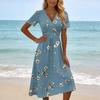 Women’s Casual Floral Print Short Sleeve V Neck Midi Dress with Elastic Waist for Everyday Wear and Comfort