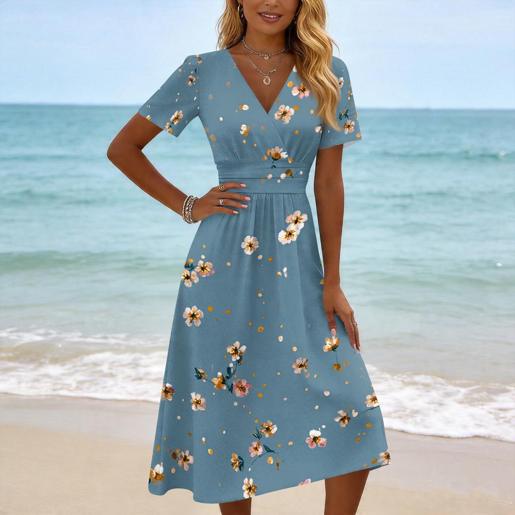 Women’s Casual Floral Print Short Sleeve V Neck Midi Dress with Elastic Waist for Everyday Wear and Comfort