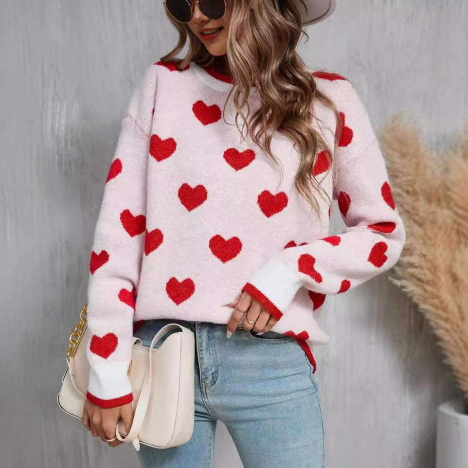 Winter Women's Sweater Love Valentine's Day Pullover Heart Color Clash Sweater