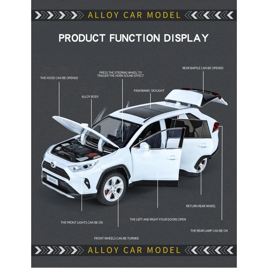 1/24 Scale Toyota RAV4 Off-Road SUV Model Car Metal Diecast Vehicle Simulation Collection Sound & Light Toy for Kids Boys Gift