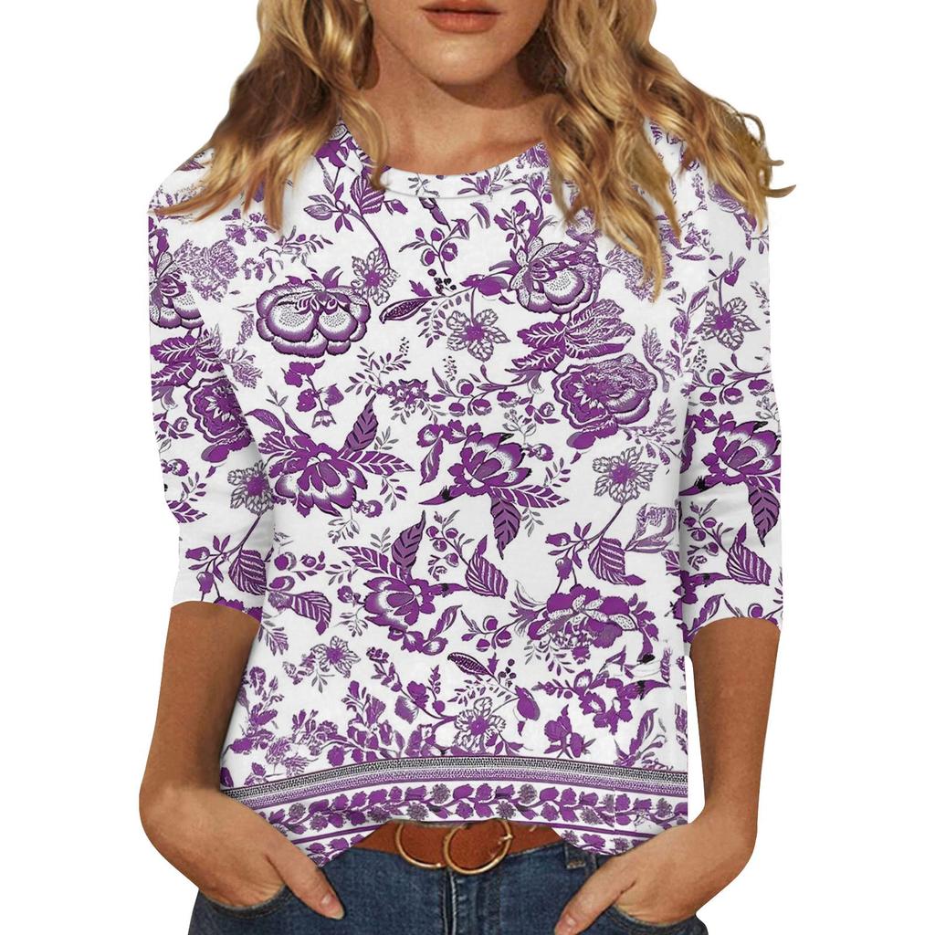Koszule z rękawami 3/4 dla kobiet Śliczne nadruki Koszulki z nadrukami Bluzki Casual Plus Size Podstawowe topy Pulower