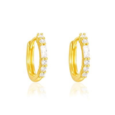 Baguette and Round Stone Huggie Hoop Earrings - 925 Sterling Silver Yellow Plated
