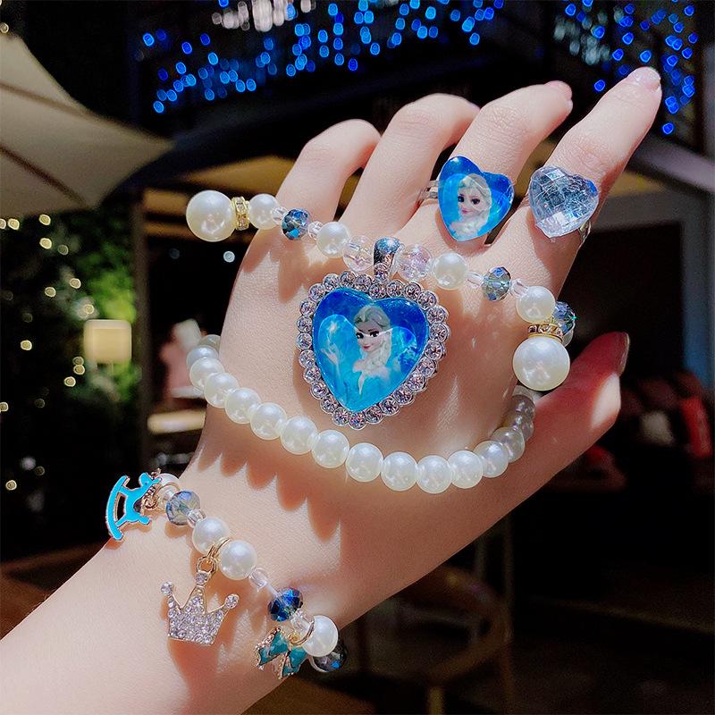 Princess Cartoon Jewelry Set for Girls: Necklace, Ring, Bracelet with Luminous Crystal Beads