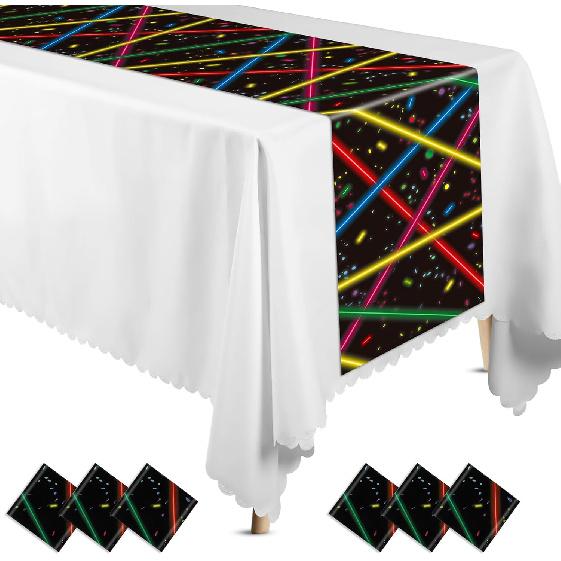 Peryiter 6 Pcs Glow Party Table Runners Plastic Neon Table Runners 14 x 108 Inch Disposable Glow in The Dark Supplies for Neon Birthday Decorations