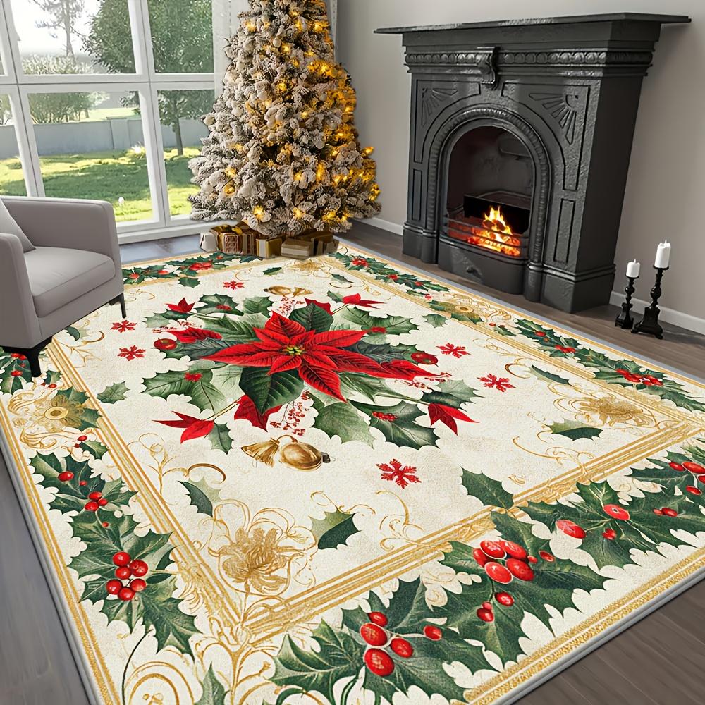 

Рождественский ковер Пуансеттия Золотой бант Коврик Красно-зеленый Сосновая ветка Мат Роскошная витиеватая кайма Украшение дома Коврик для пола в гостиной 120X160CM